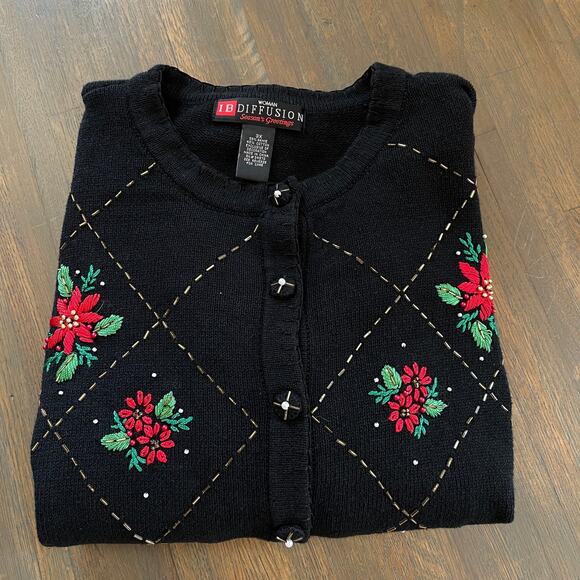 IB Diffusion Holiday Cardigan Sweater Women’s 3X Black Poinsettia Beaded - Picture 9 of 11